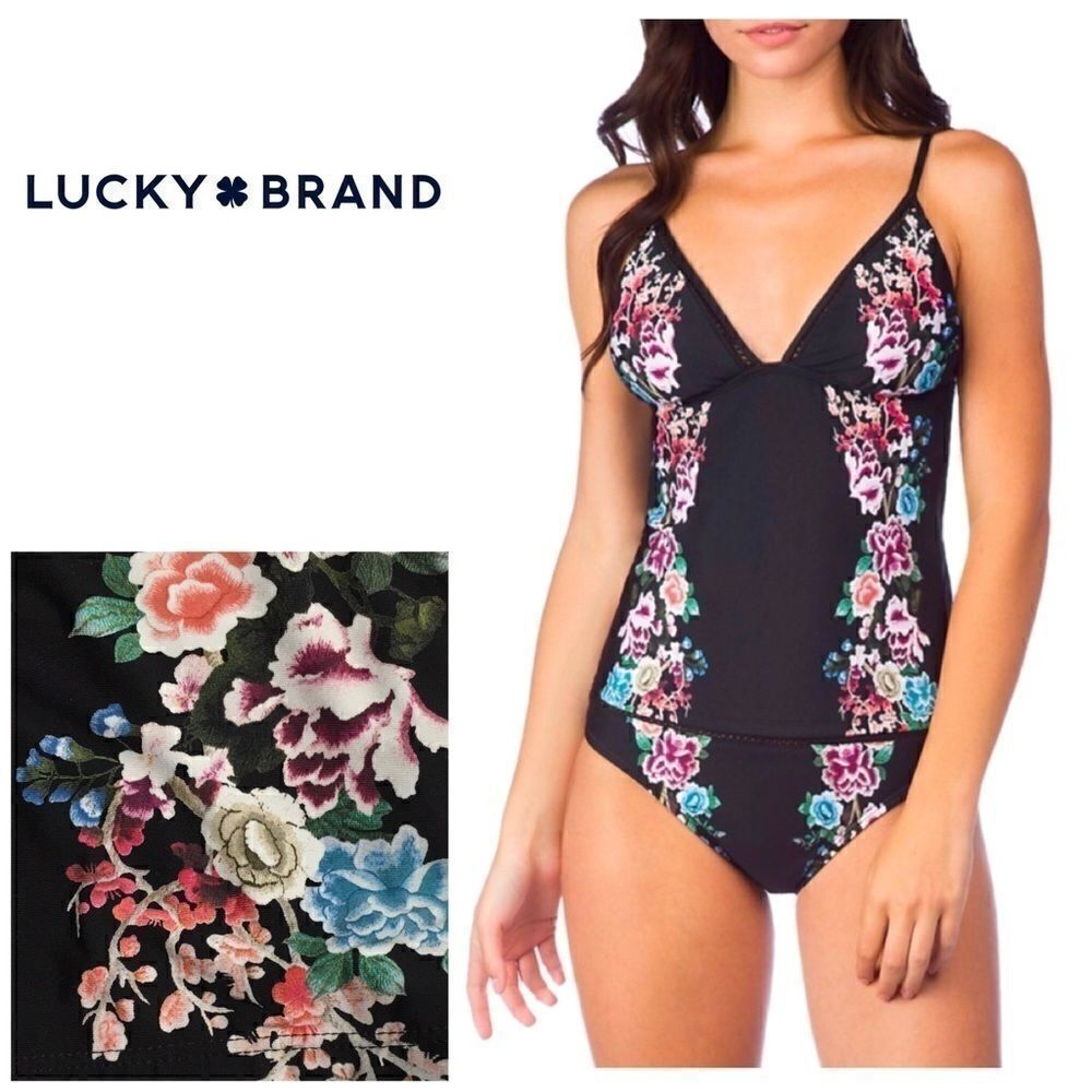 Lucky Brand black floral tankini set. NWT